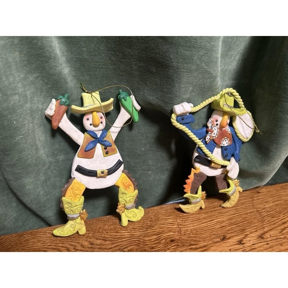 Cowboy Snowman Christmas Ornaments Set of 2 Western Lasso Chili Pepper Rustic